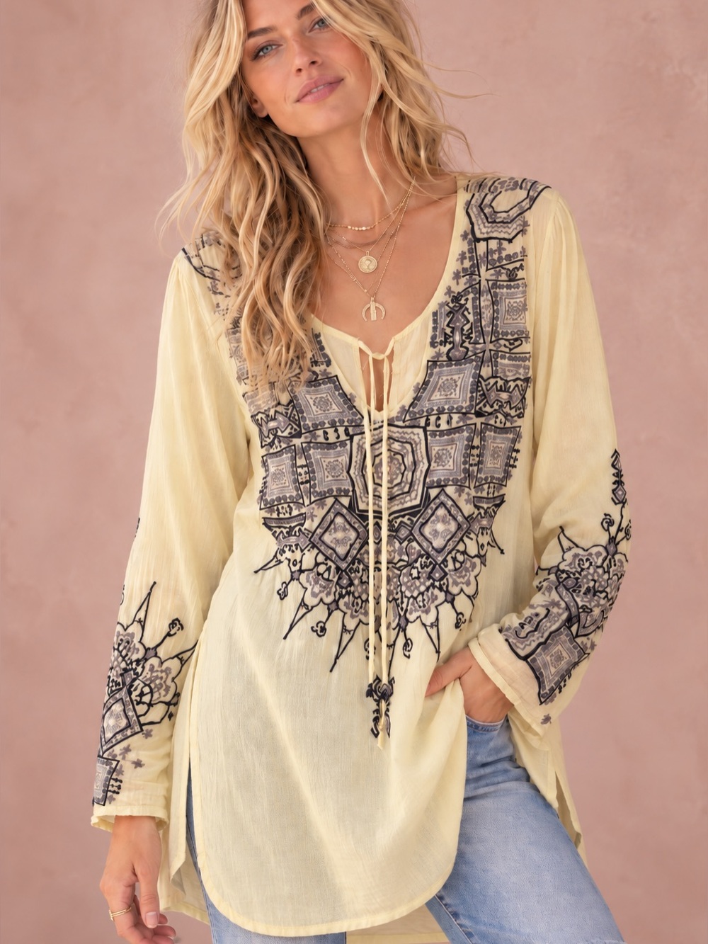Biya by Johnny Was Pale Yellow Embroidered Long Boho Tunic Top XL